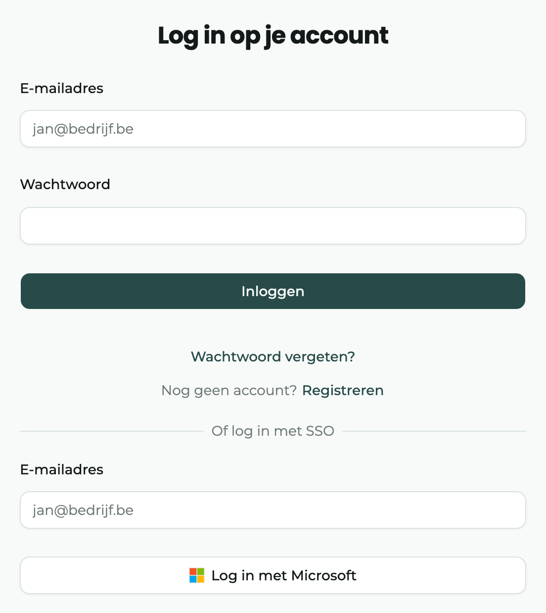 De inlogpagina met e-mailadres, wachtwoord en de optie om in te loggen met Microsoft