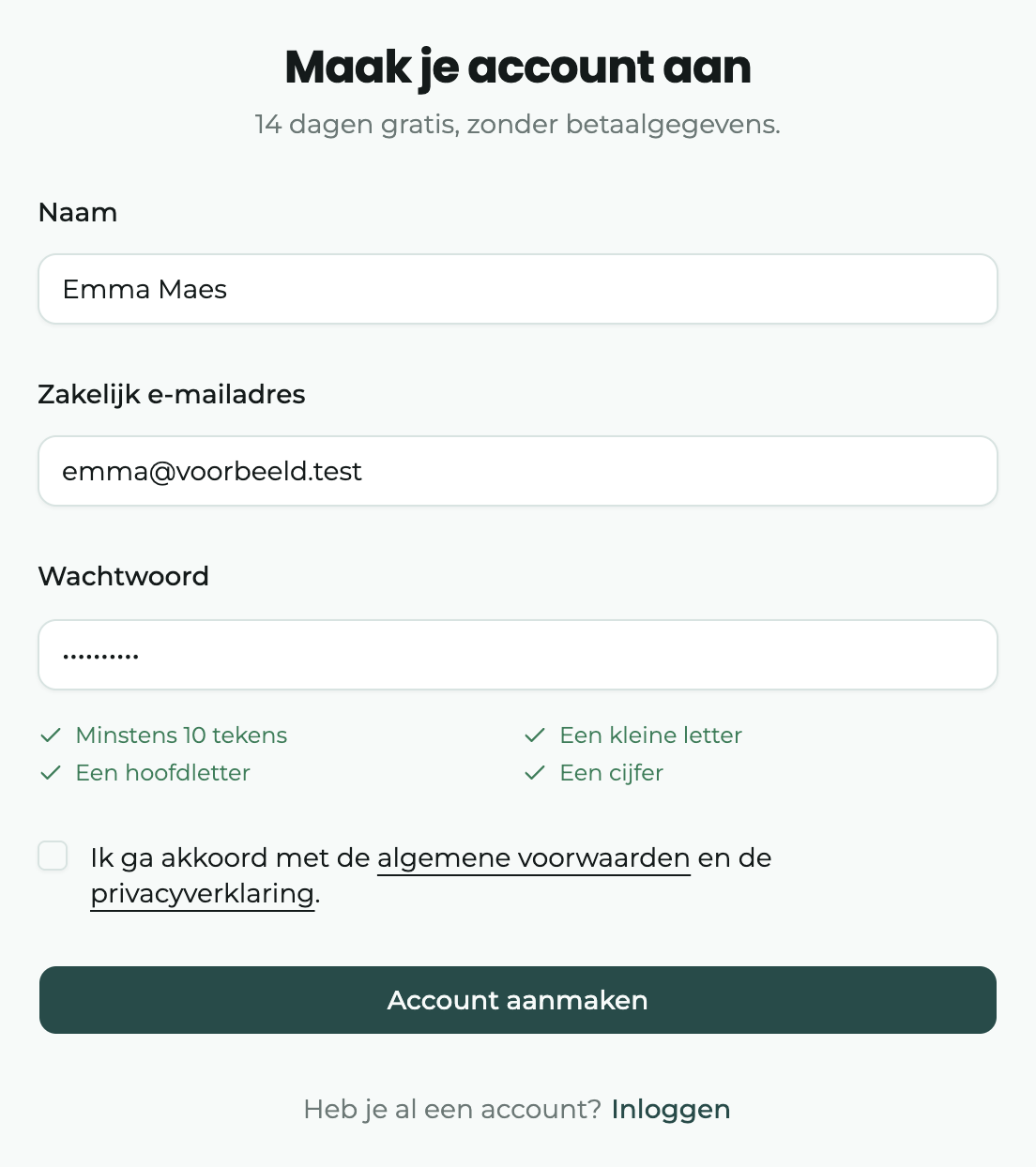 Het formulier Maak je account aan, met de regels voor het wachtwoord