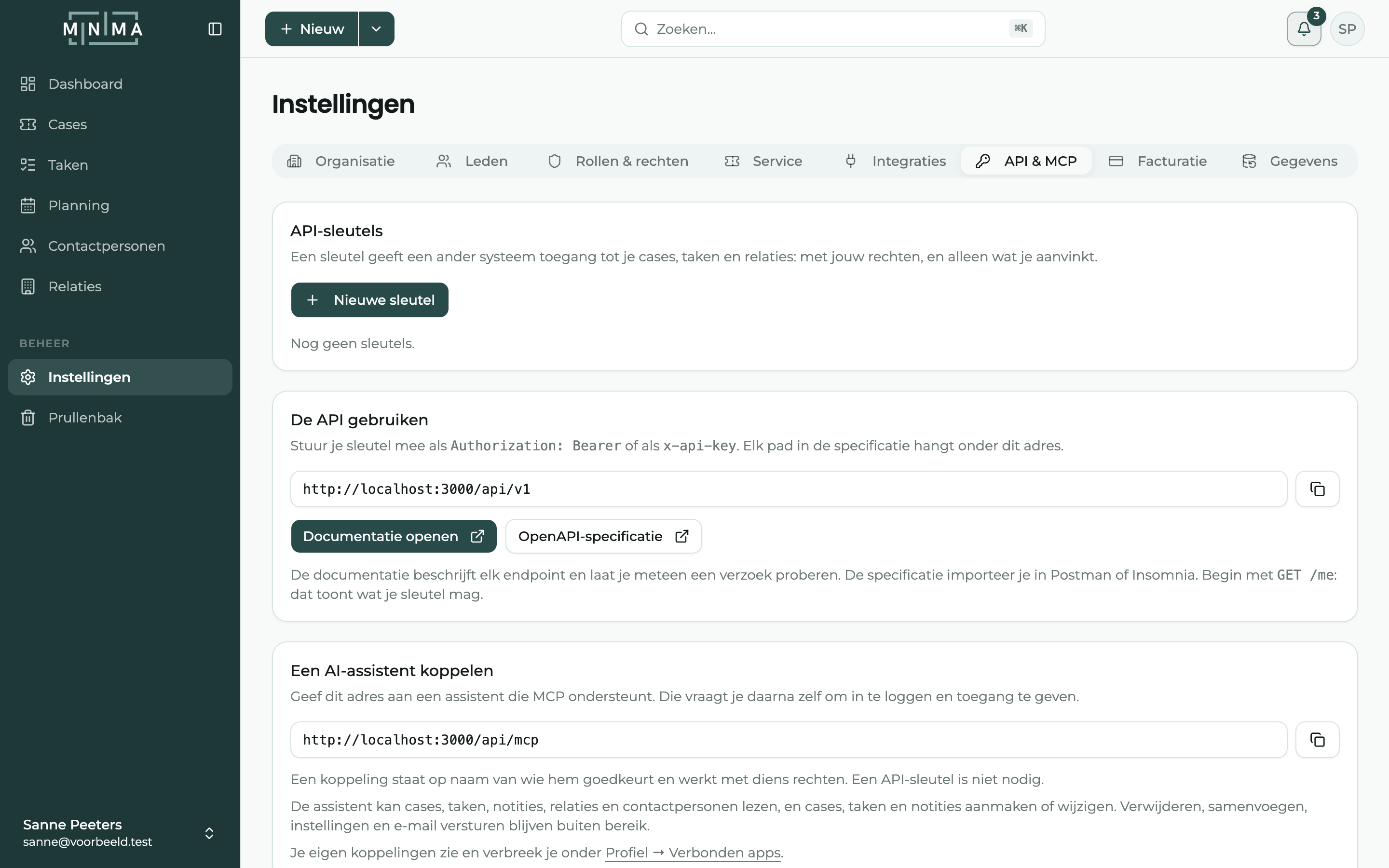 Het tabblad API & MCP met de lijst van sleutels en het MCP-adres