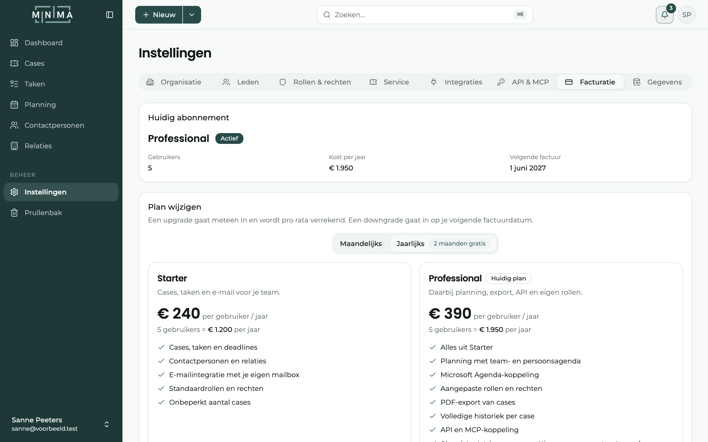 De facturatiepagina met het huidige abonnement, het aantal gebruikers en de volgende factuur