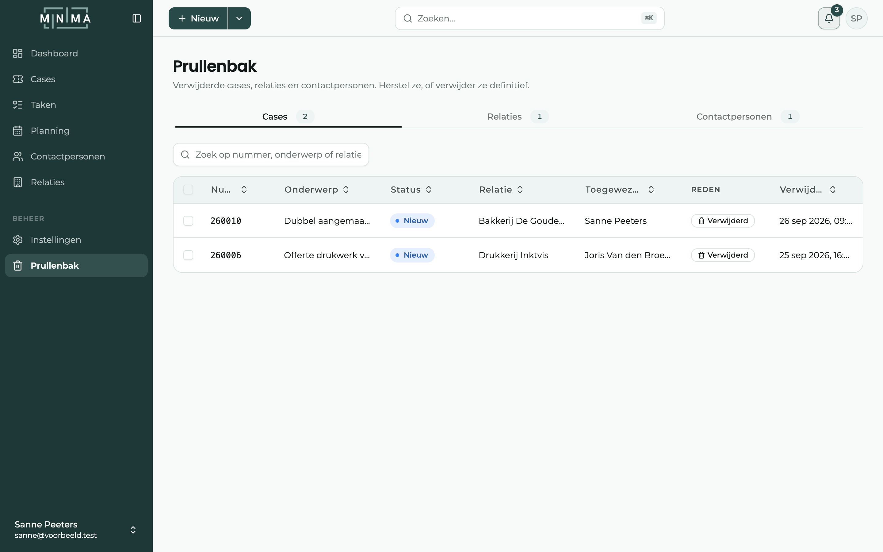 De prullenbak met de tabbladen Cases, Relaties en Contactpersonen