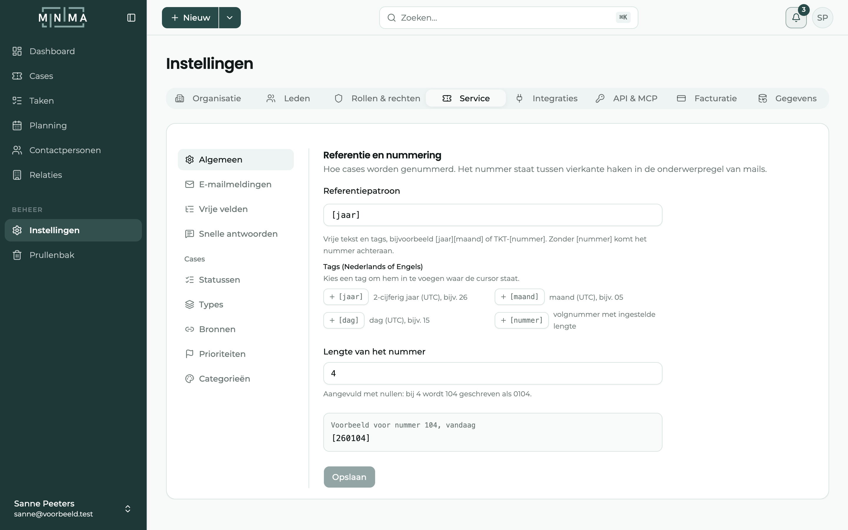 Het tabblad Service met links de onderdelen en rechts de statussen