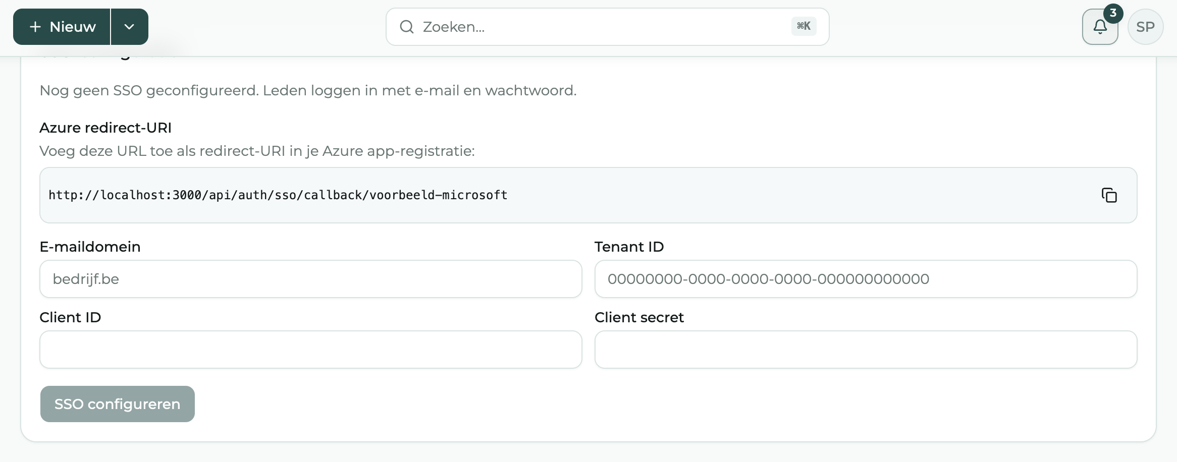 Het blok SSO-configuratie met de redirect-URI, e-maildomein, tenant ID, client ID en client secret
