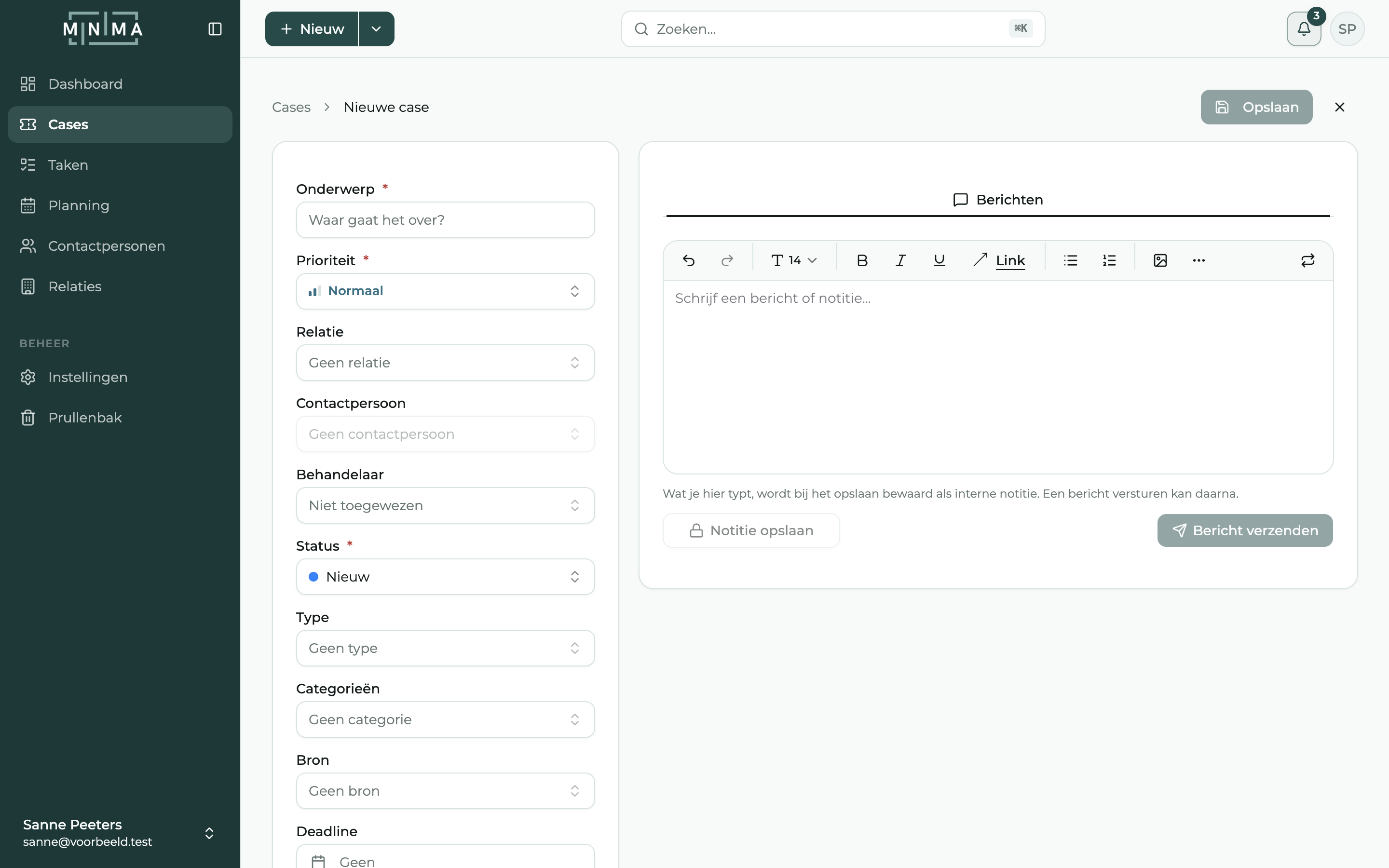 Het formulier voor een nieuwe case met onderwerp, relatie, contactpersoon en behandelaar