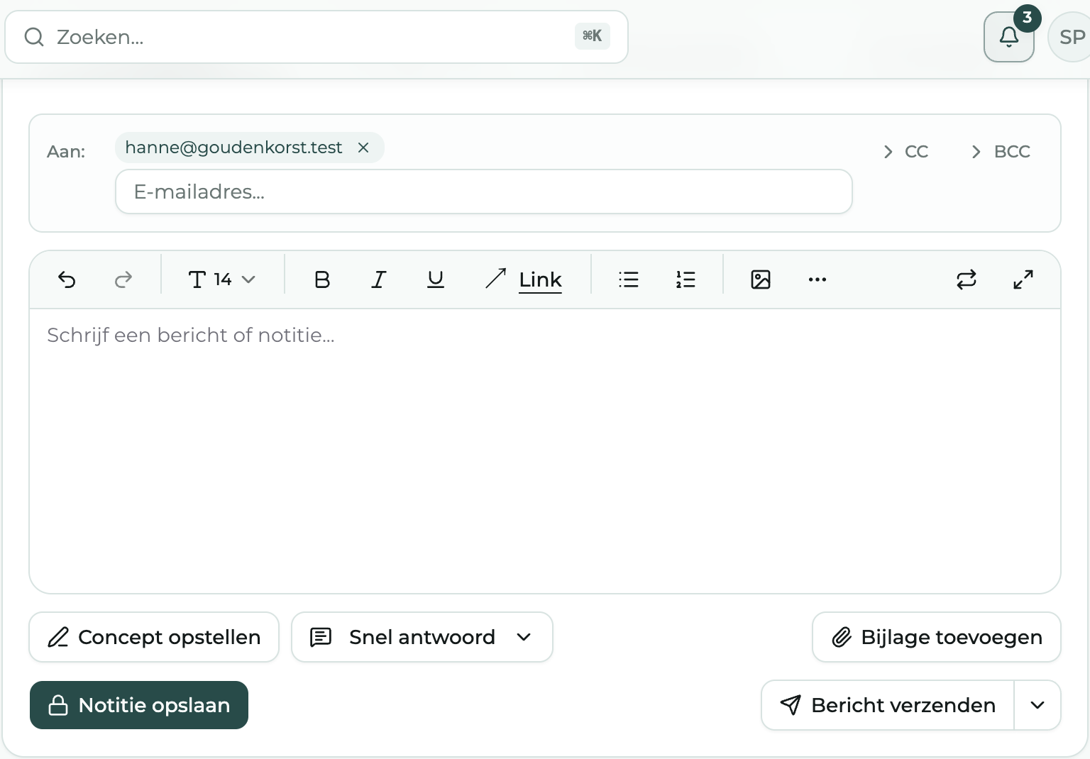 Het tekstvak met de knoppen Notitie opslaan en Bericht verzenden
