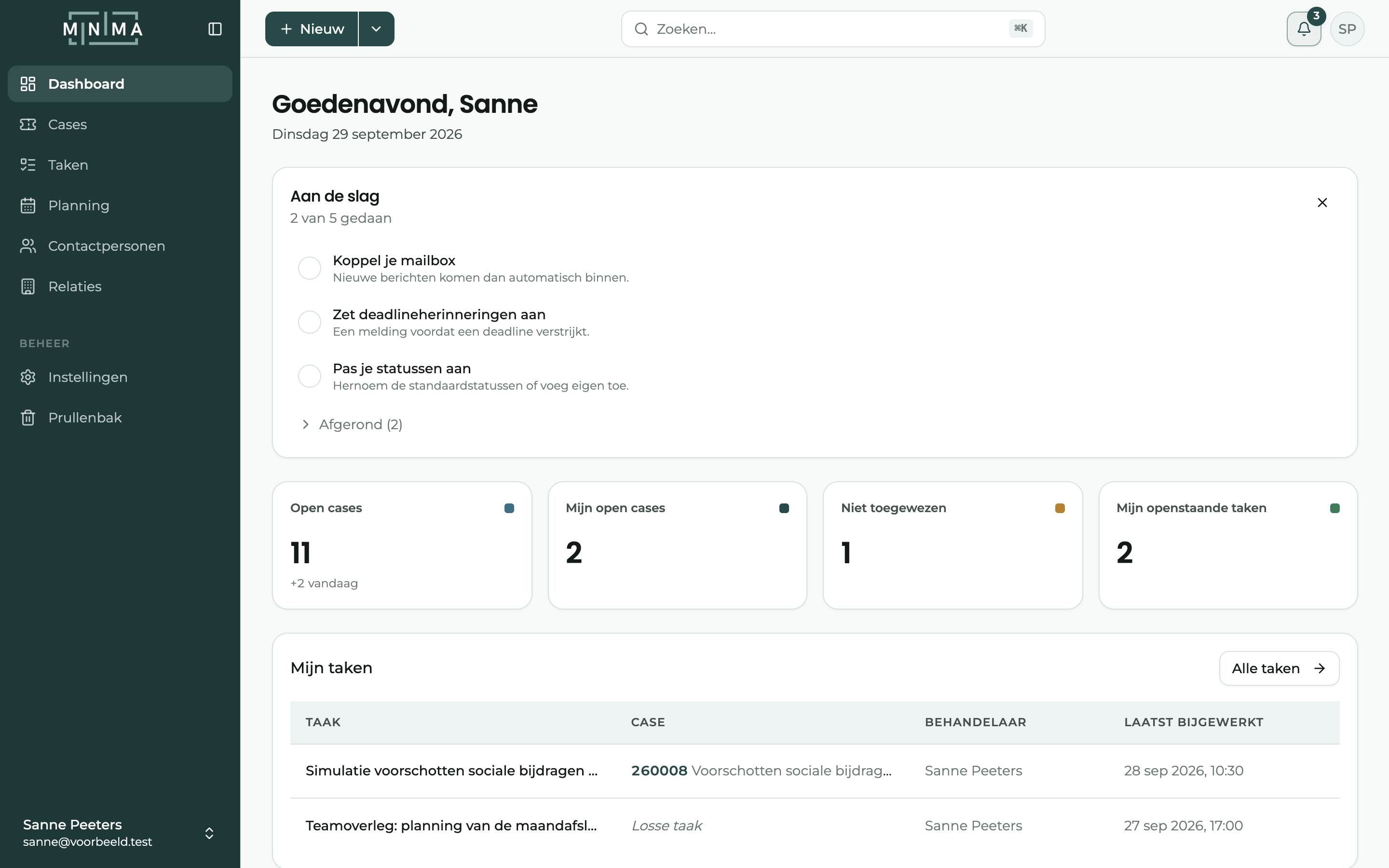 Het dashboard met de openstaande cases en taken van de ingelogde gebruiker