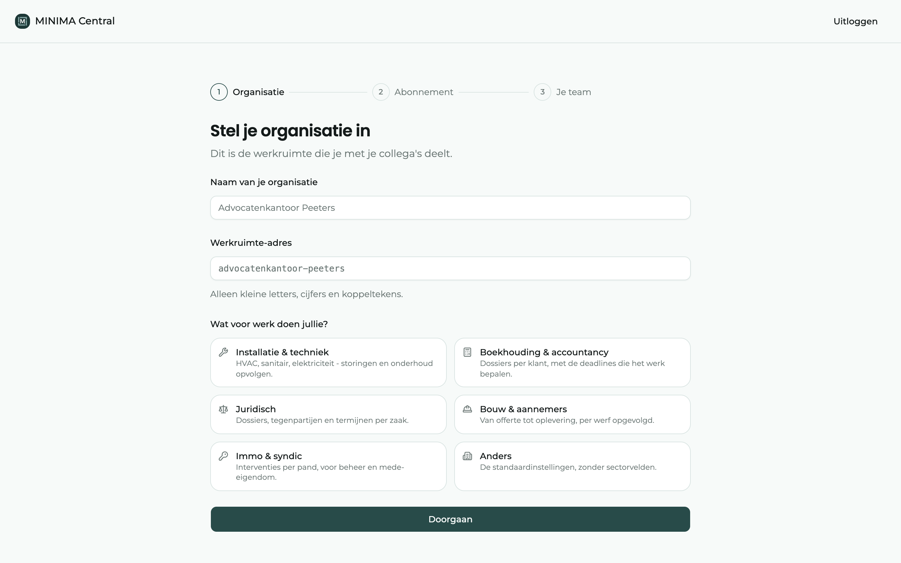 De stap Stel je organisatie in, met naam, werkruimte-adres en sector