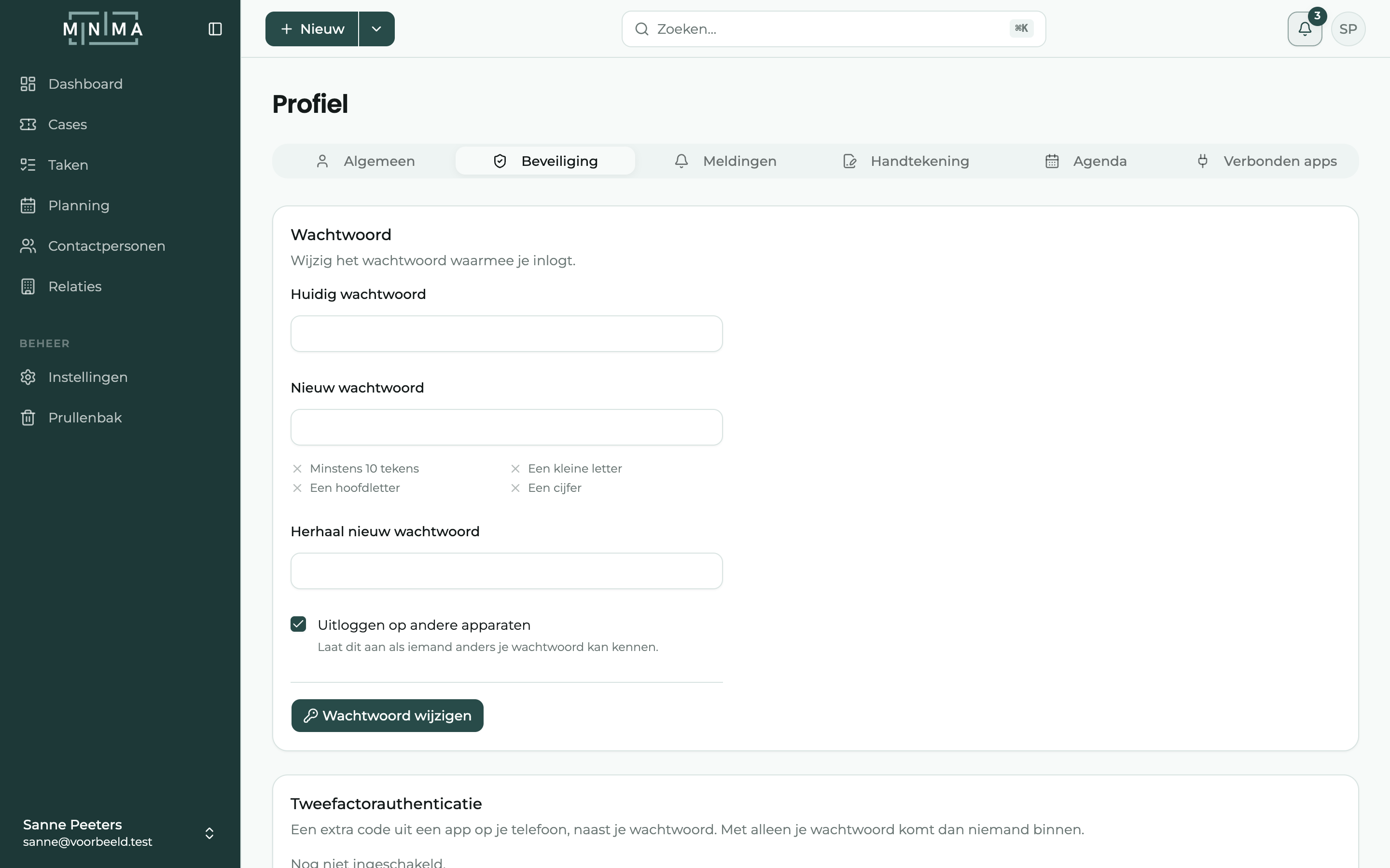Het tabblad Beveiliging met de kaarten Wachtwoord en Tweefactorauthenticatie