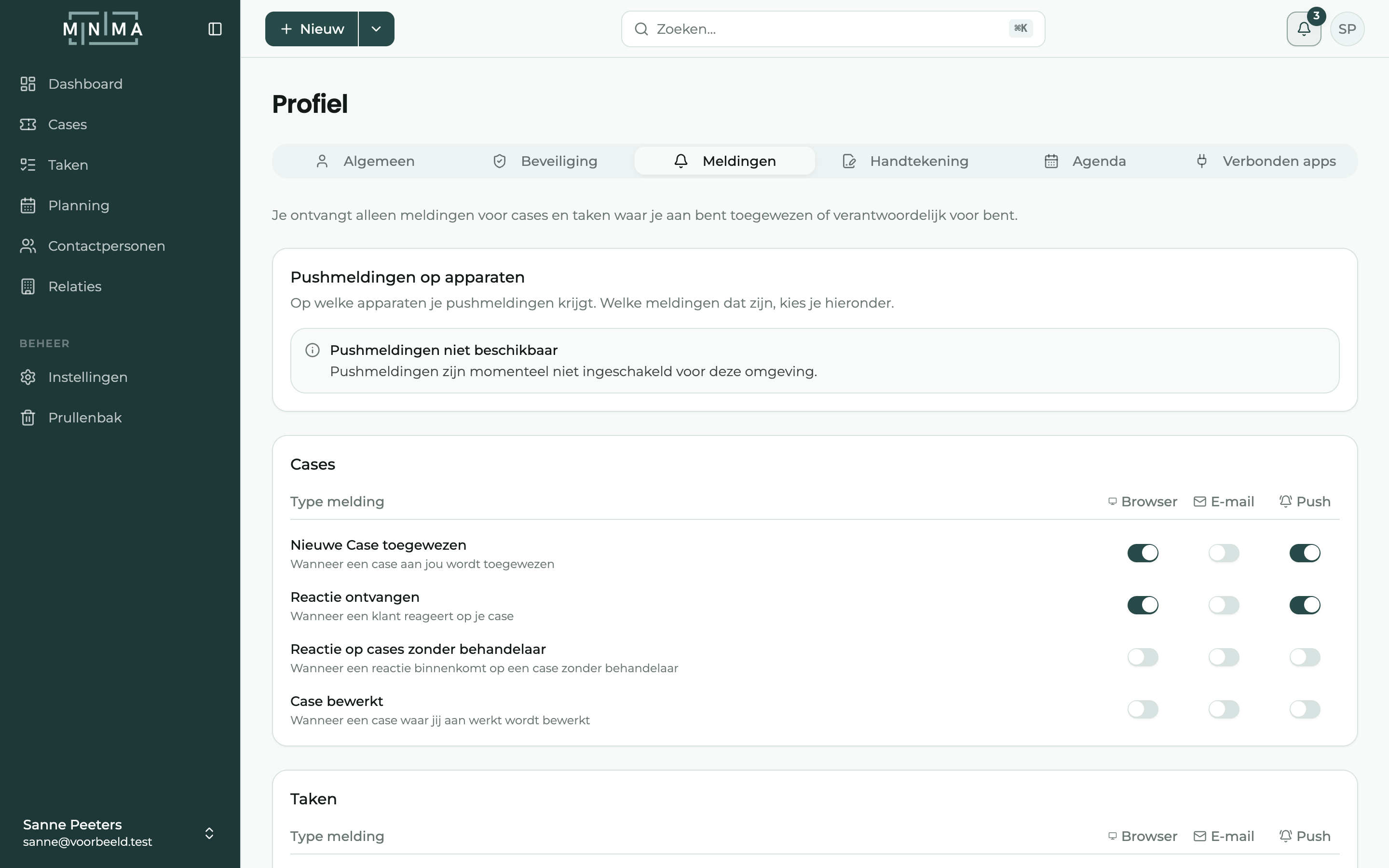 Het raster met soorten meldingen en de kolommen Browser, E-mail en Push