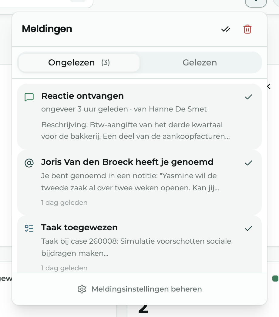 Het meldingenpaneel met de tabbladen Ongelezen en Gelezen