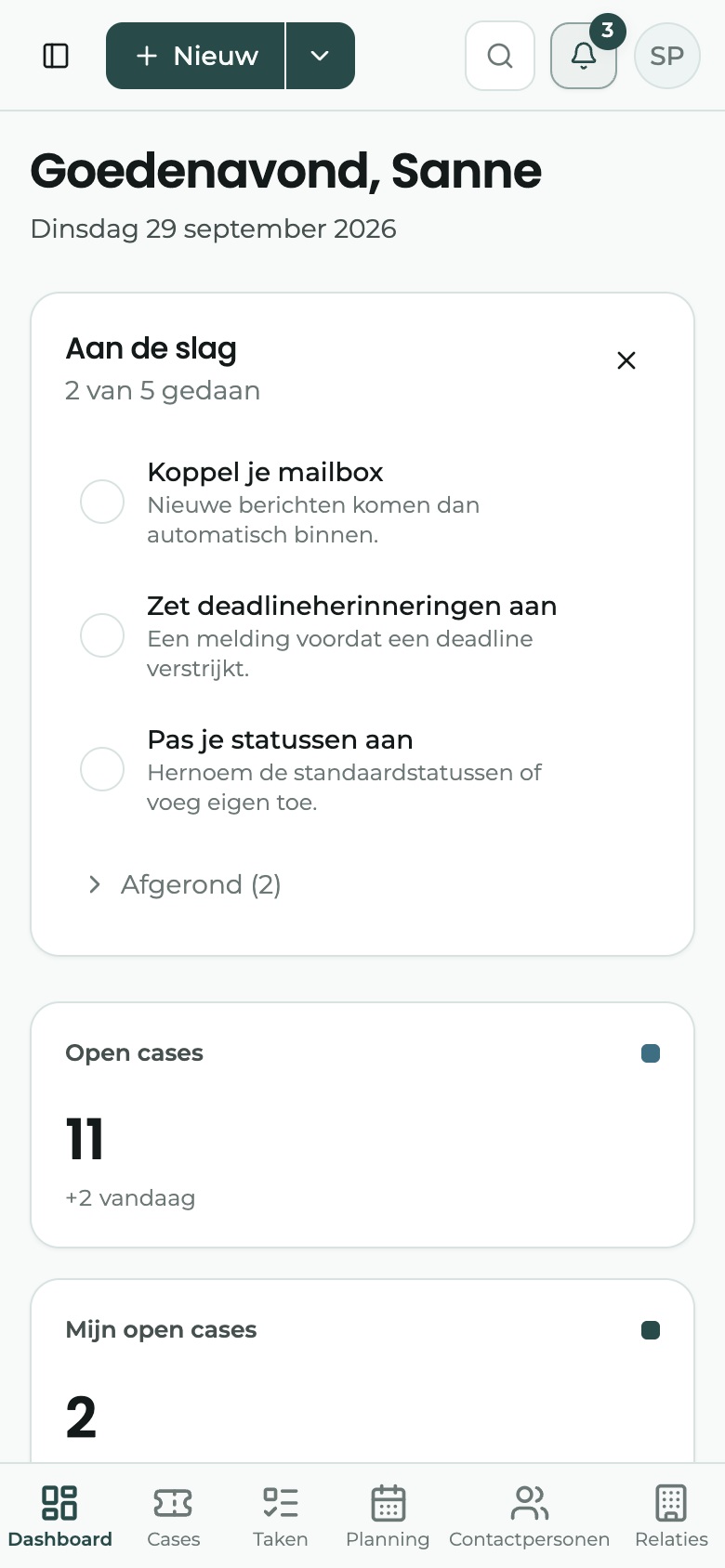 Het dashboard op een telefoon, met de navigatiebalk onderaan