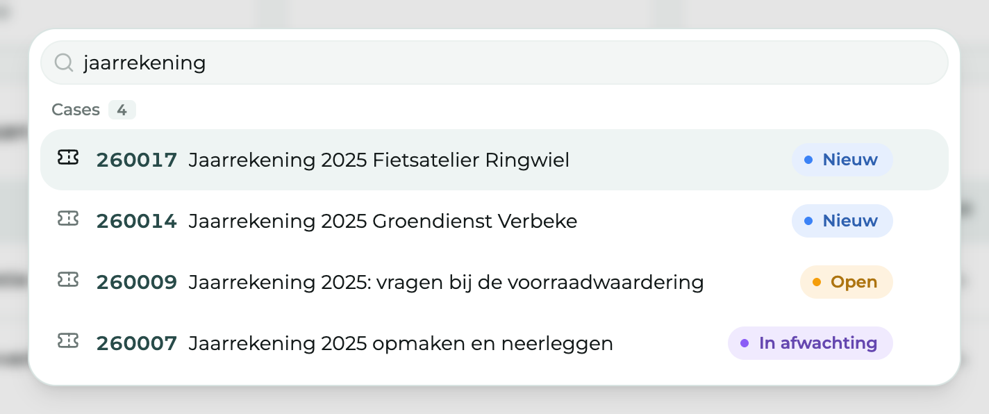Het zoekvenster met resultaten, gegroepeerd per soort